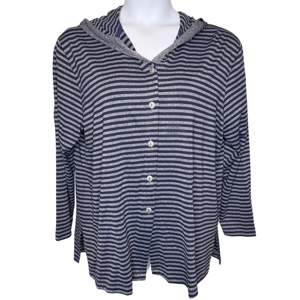 Chico's Design‎ Women Blue Striped Button Front Hooded Cardigan Sz 3/XL Nautical